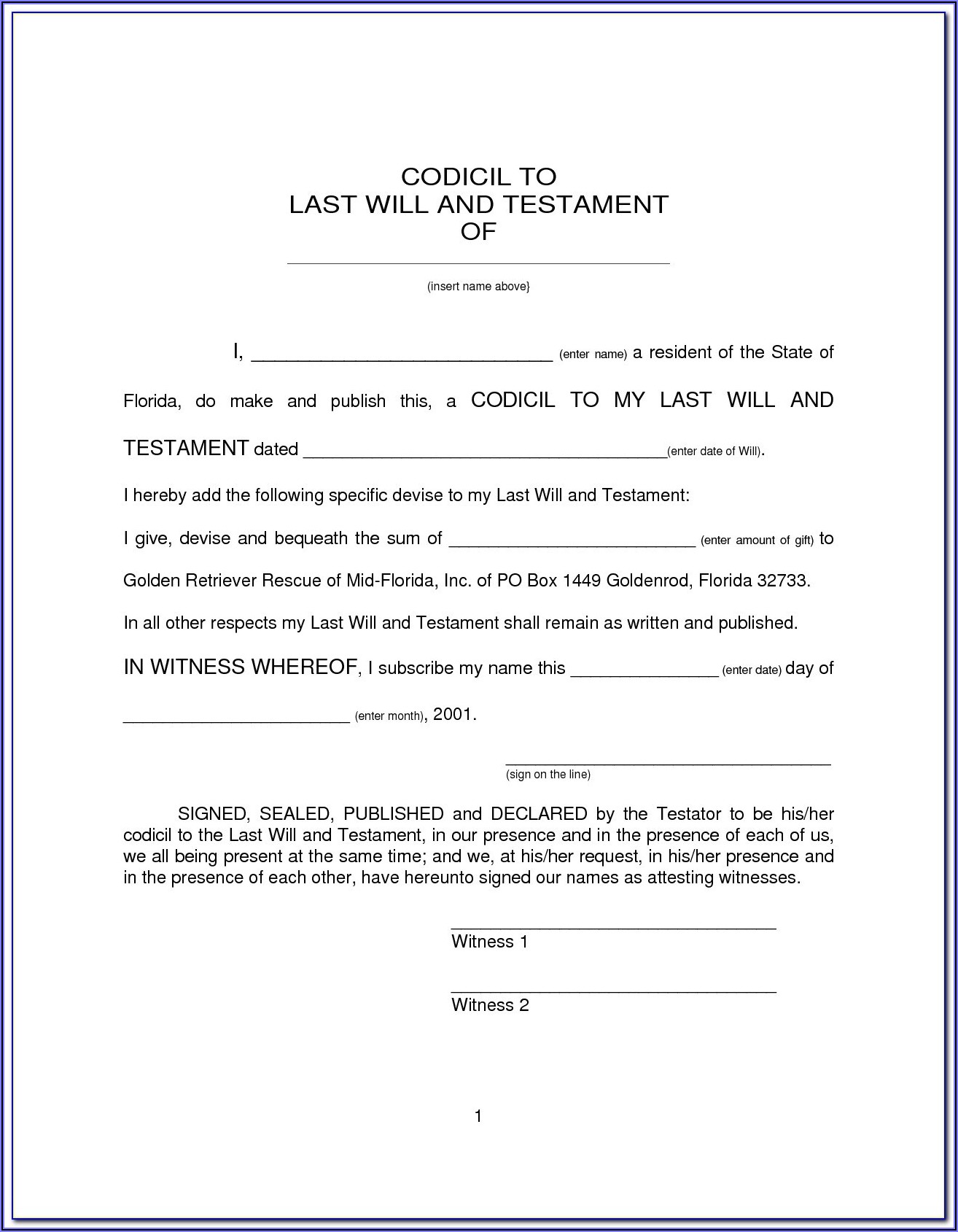 Last Will And Testament Form Free Tennessee