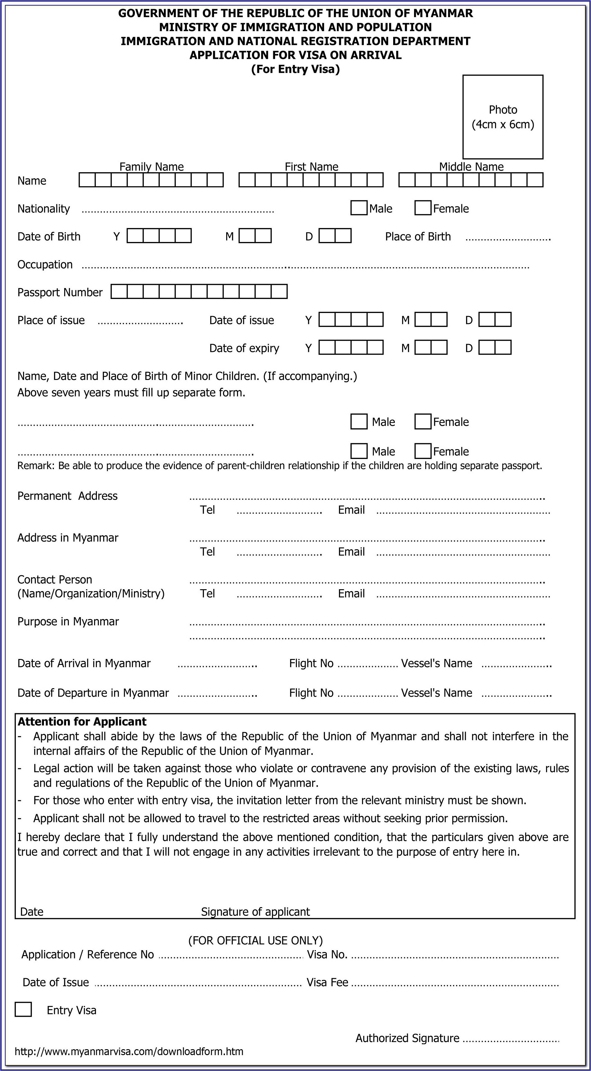 Myanmar Embassy London Visa Application Form