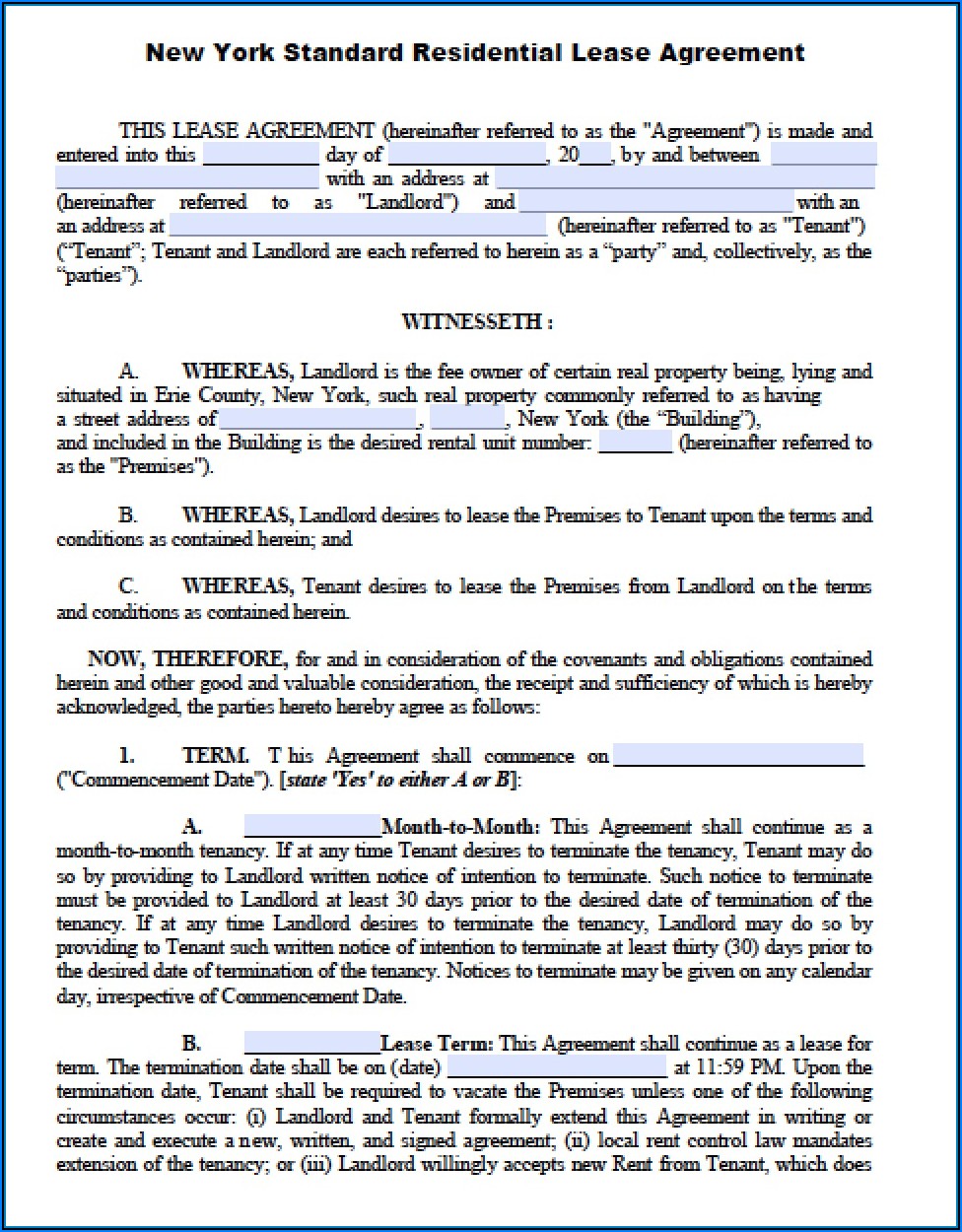 New York House Lease Agreement Form