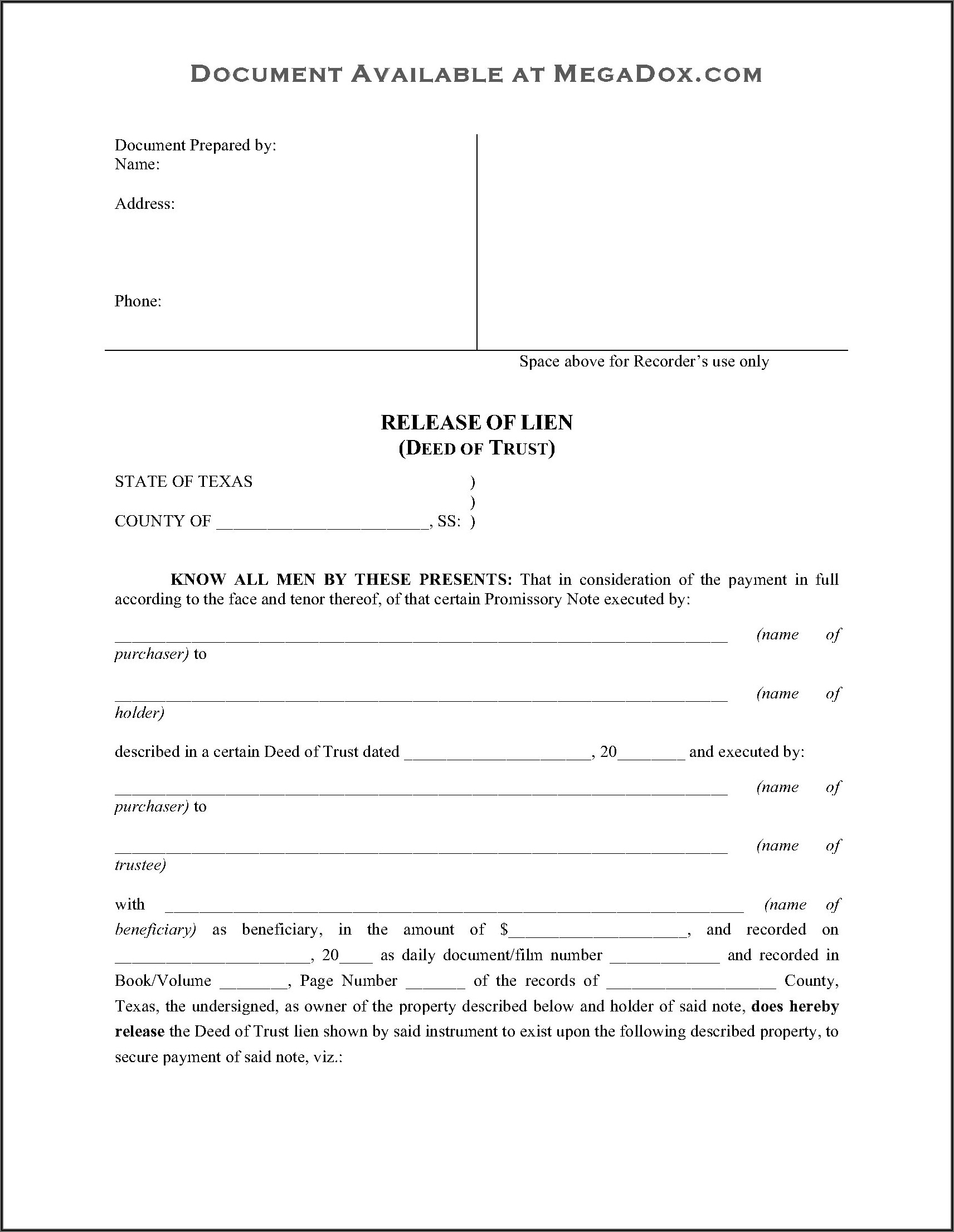 North Carolina Release Of Deed Of Trust Form