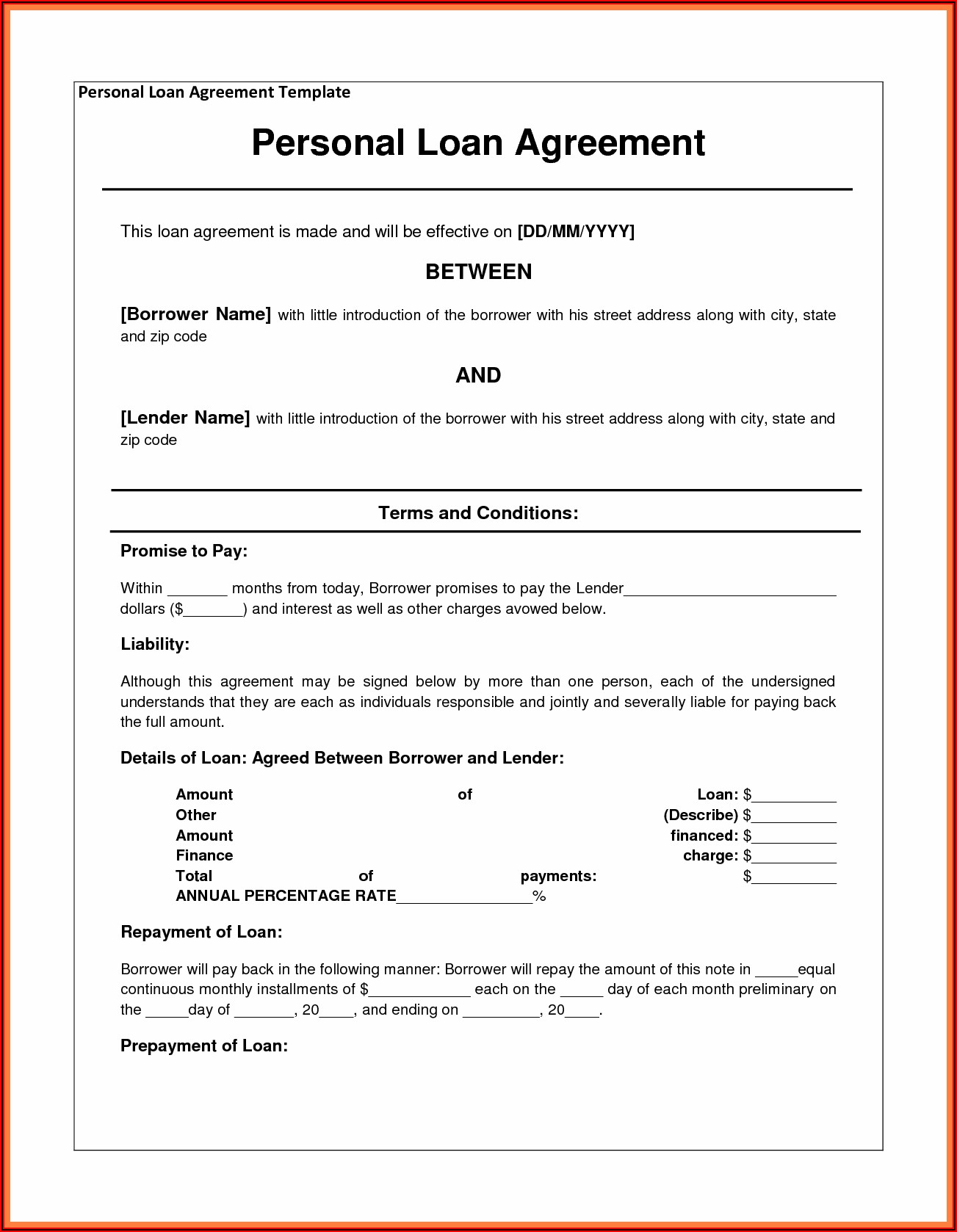 Personal Loan Agreement Template Ms Word
