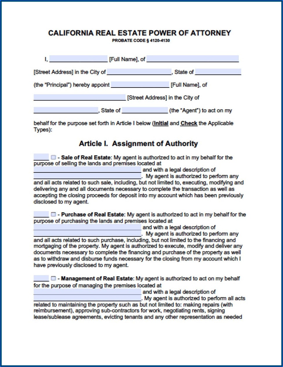 Printable Durable Power Of Attorney Form California