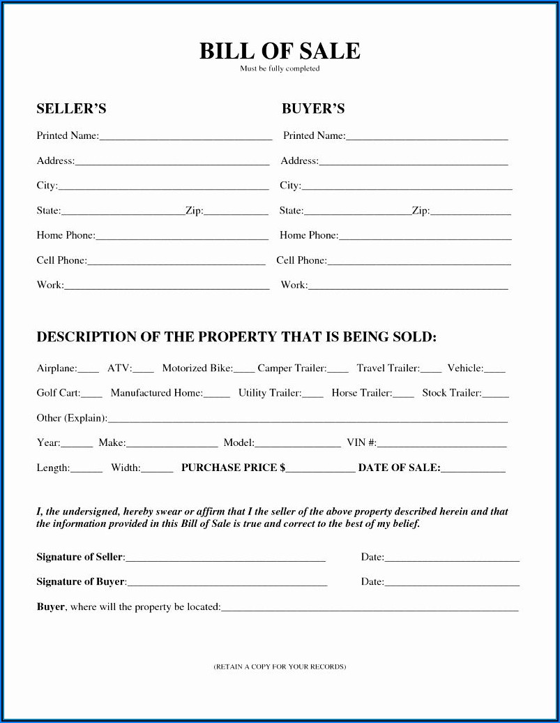 Printable General Bill Of Sale Form