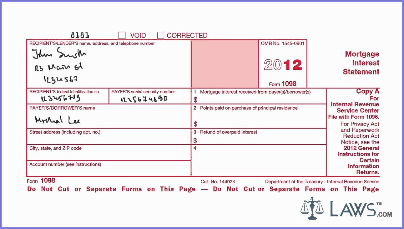 Sample 1098 Mortgage Interest Form
