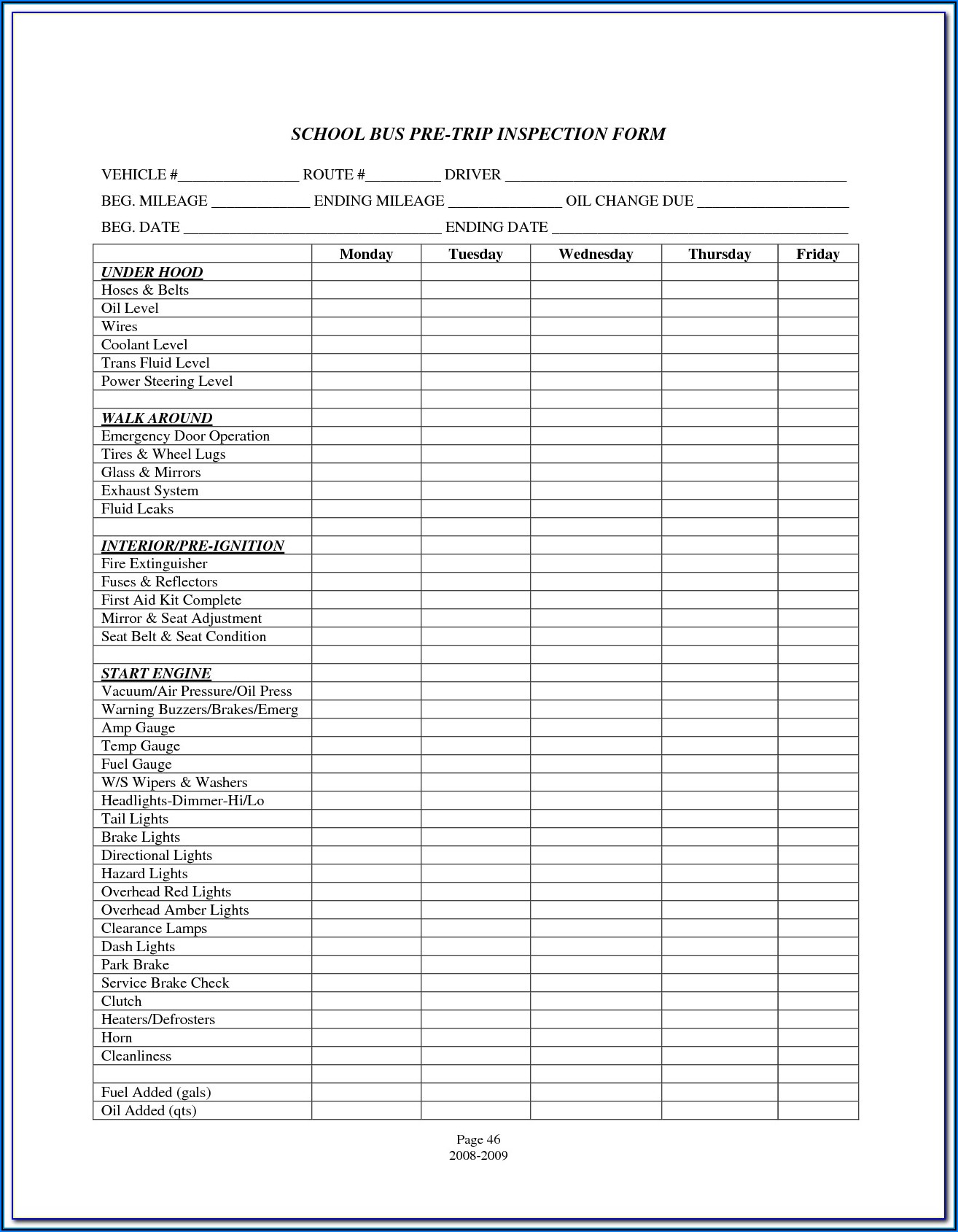 Straight Truck Pre Trip Inspection Form
