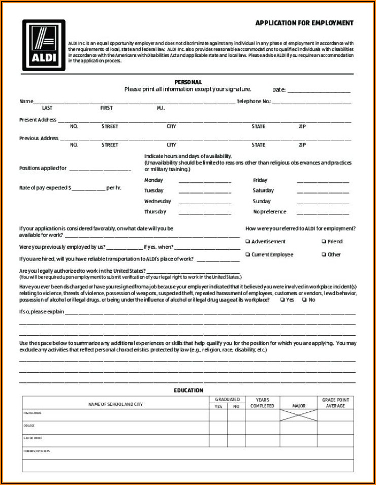 Aldi Job Application Form