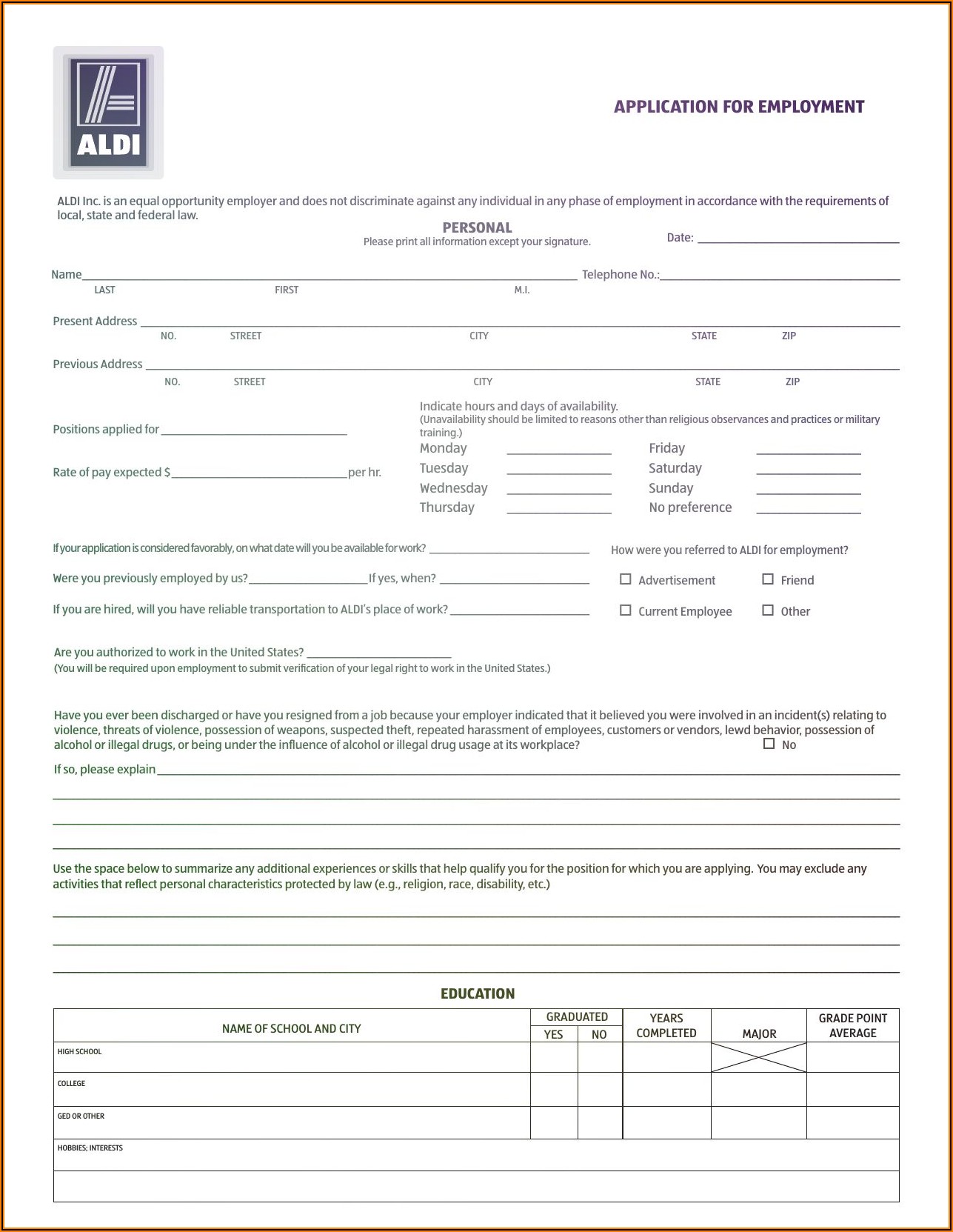 Aldi Store Job Application Form