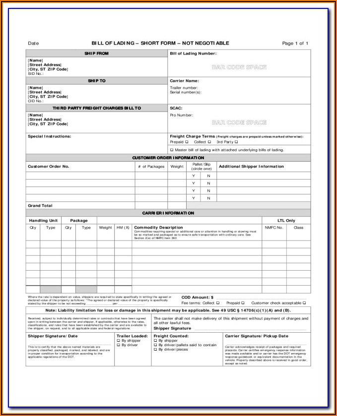 Bill Of Lading Form For Auto Transport