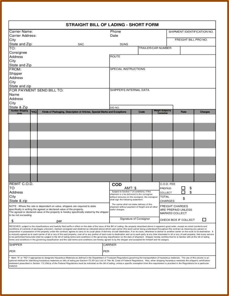 Bill Of Lading Template Free Download