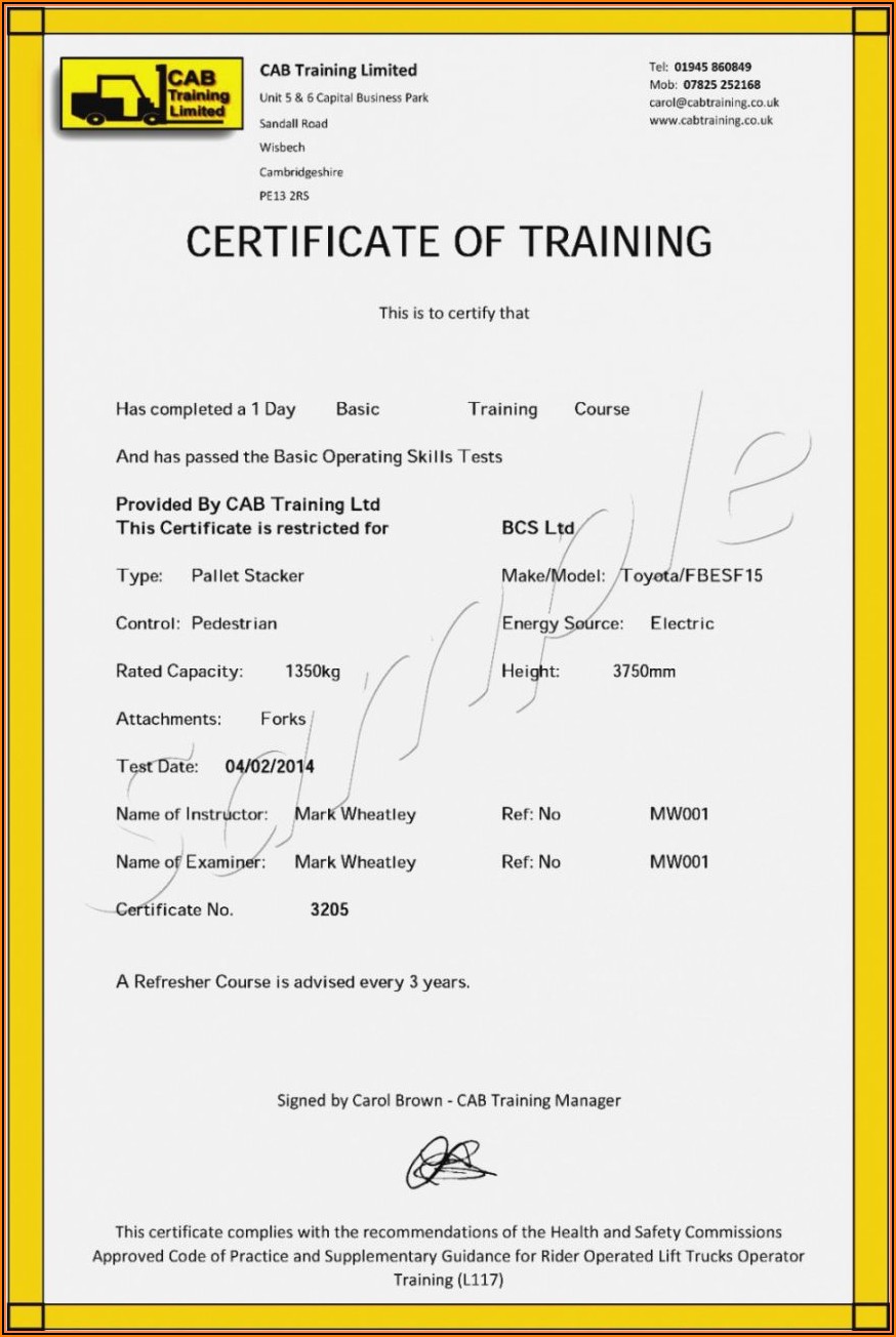 Free Forklift Certificate Template Pdf