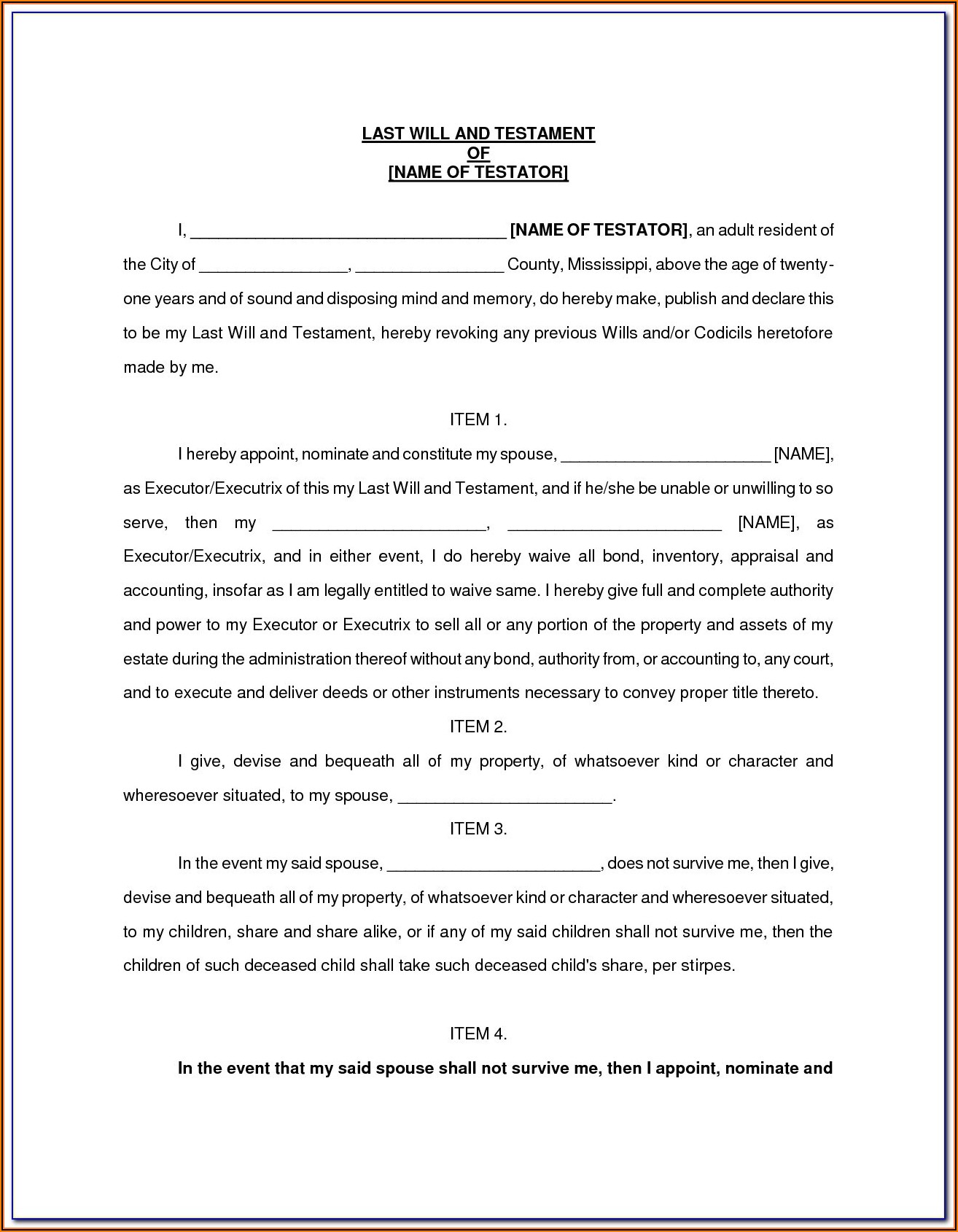 Last Will And Testament Free Template For Widow