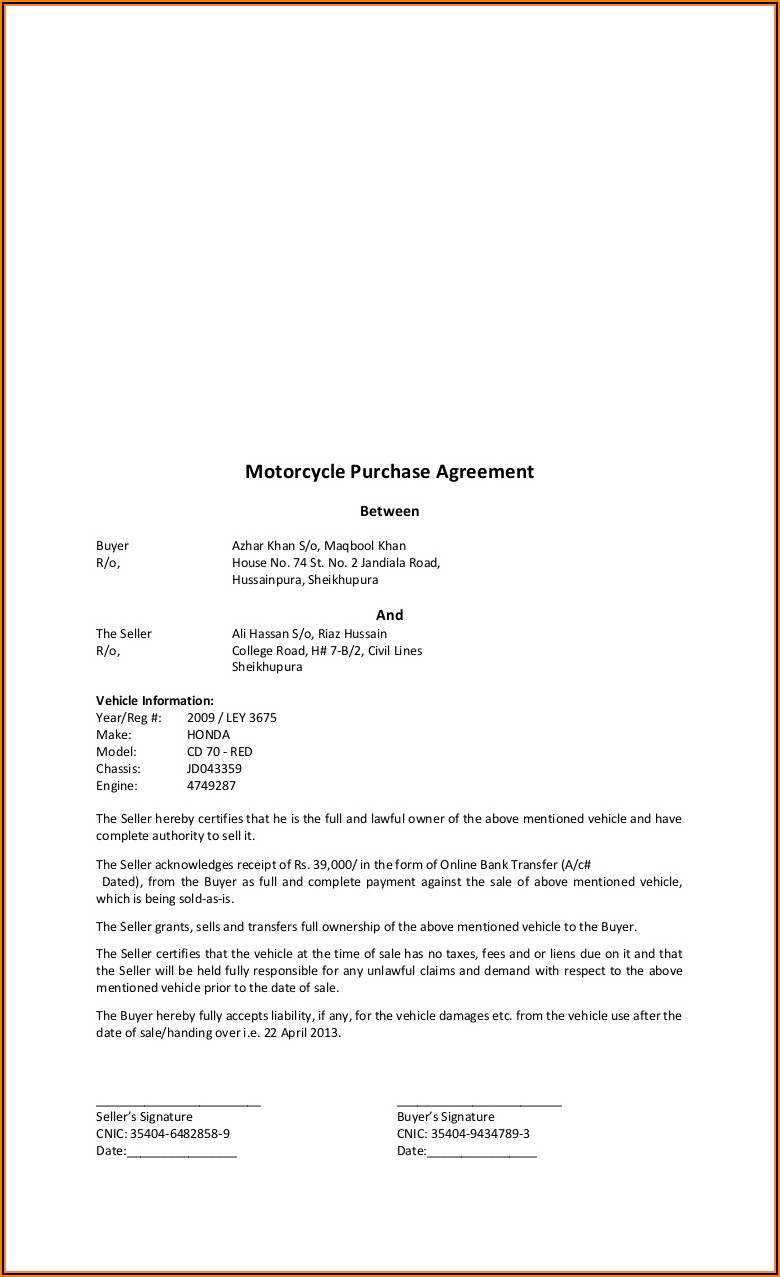 Motorcycle Sales Agreement Template