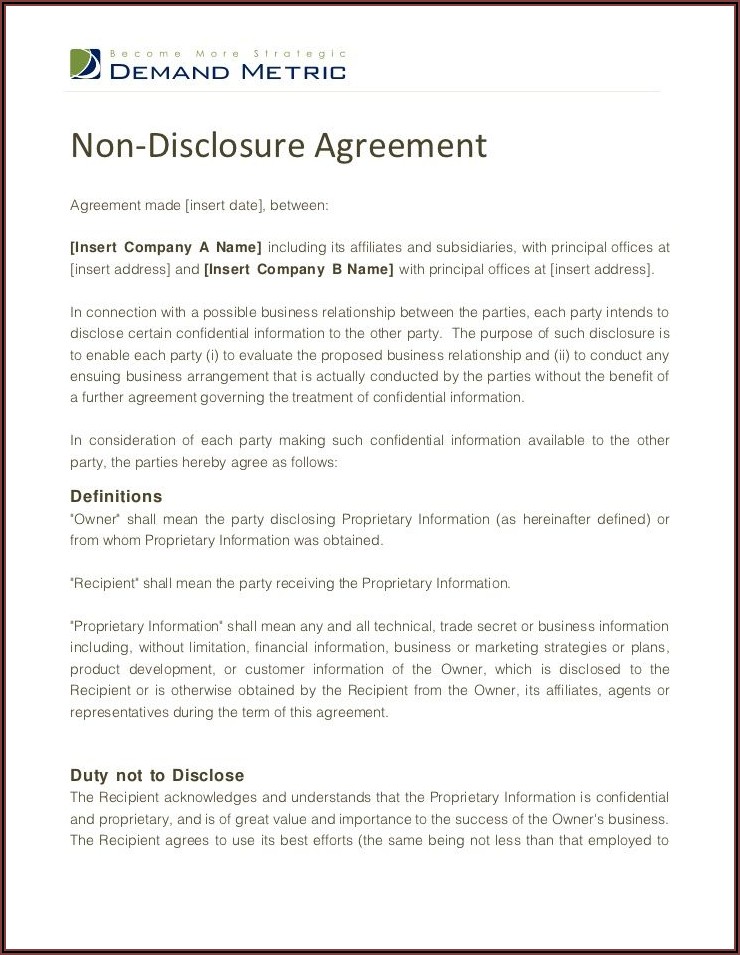 Printable Non Disclosure Agreement Form