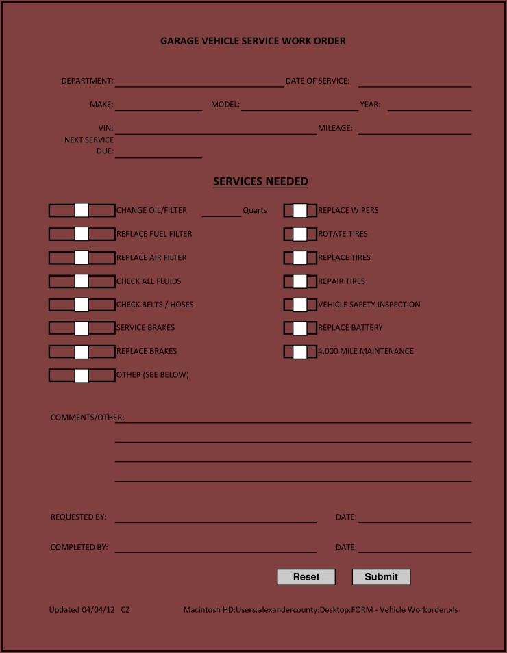 Vehicle Work Order Form Template