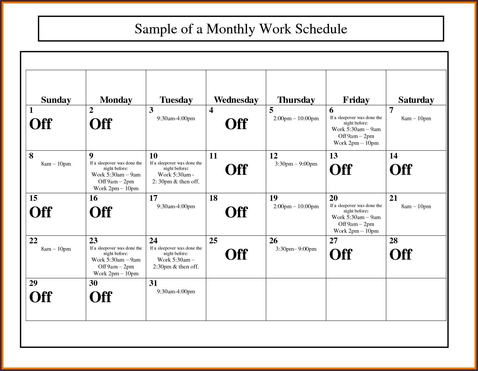 Work Plan Calendar Template