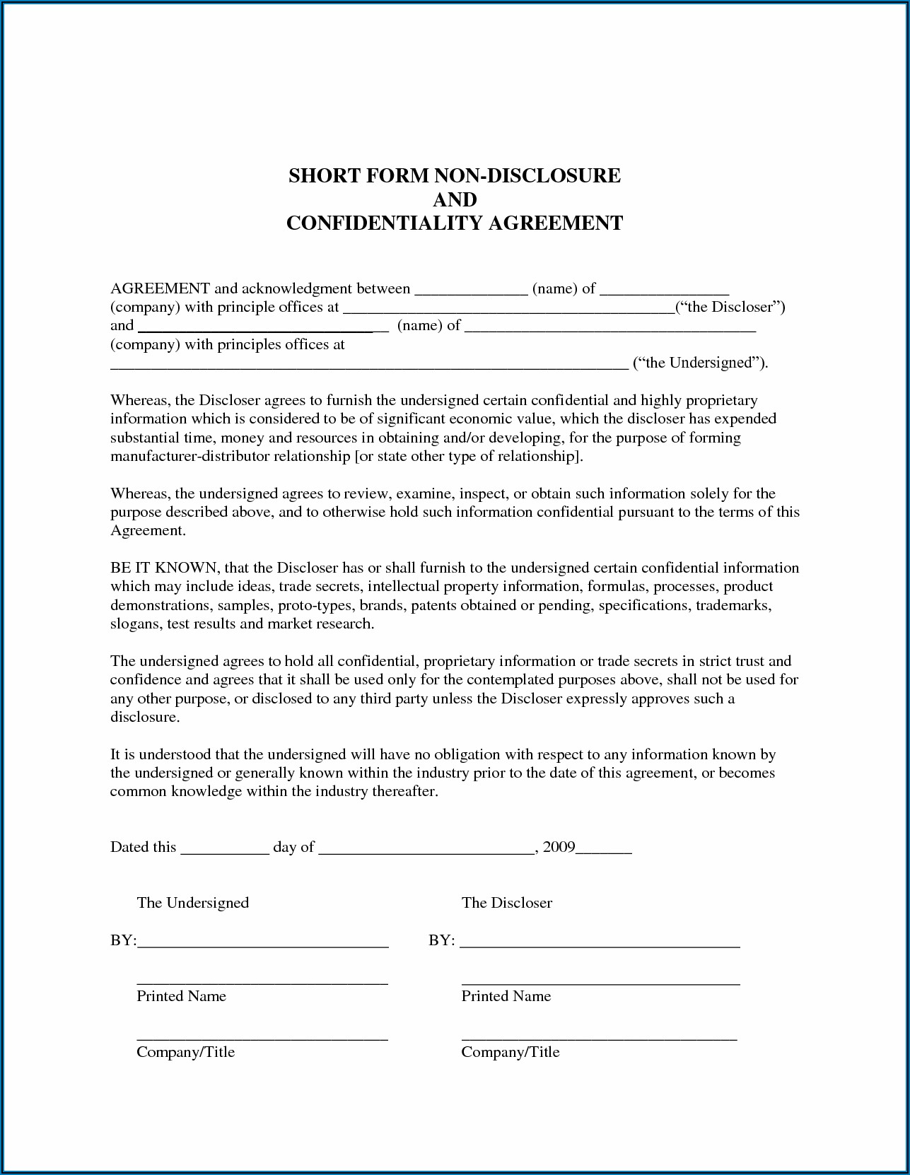 Dod Non Disclosure Agreement Form