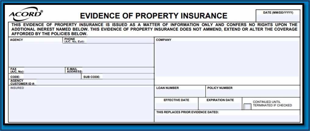 Fillable Acord Form Evidence Of Property Insurance