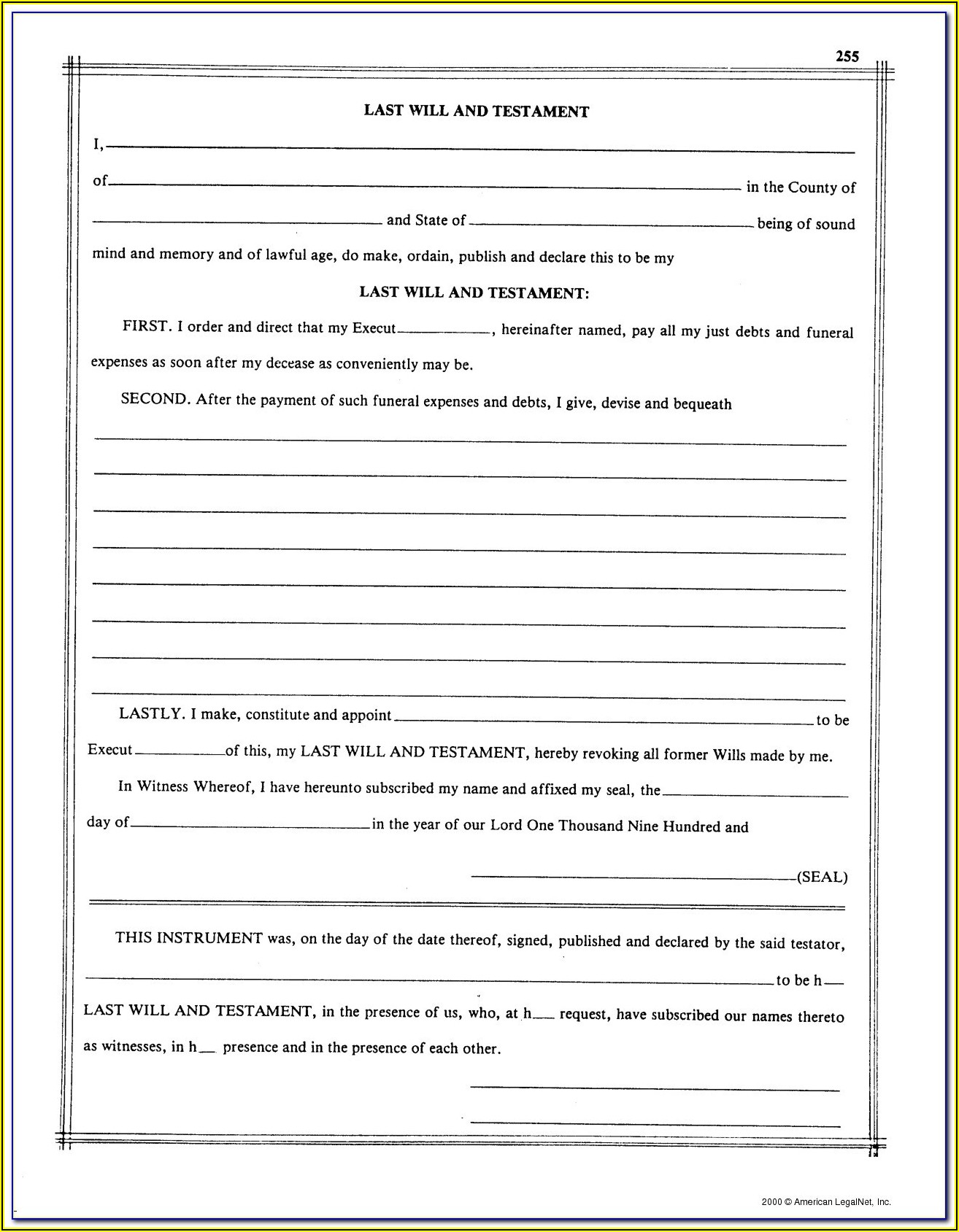 Free Printable Last Will And Testament Blank Forms Pdf