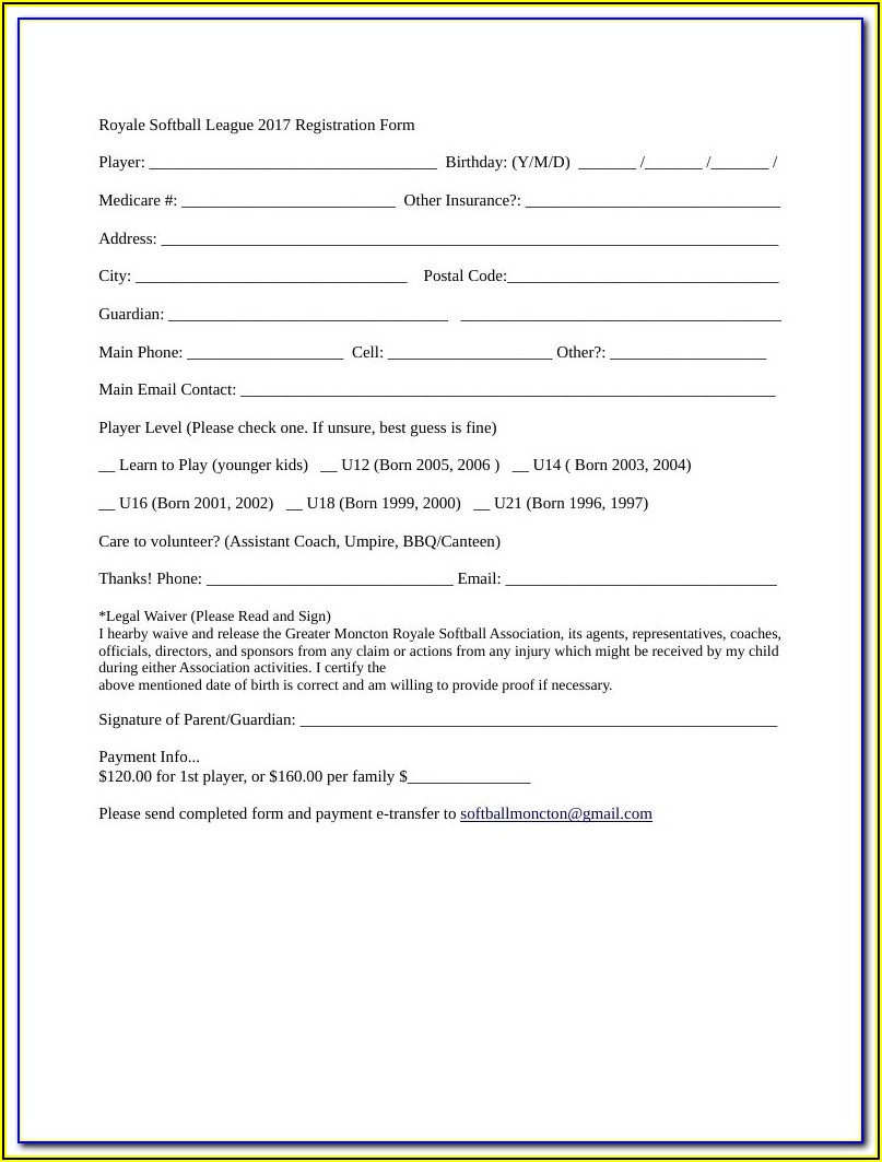 Free Softball Registration Form Template