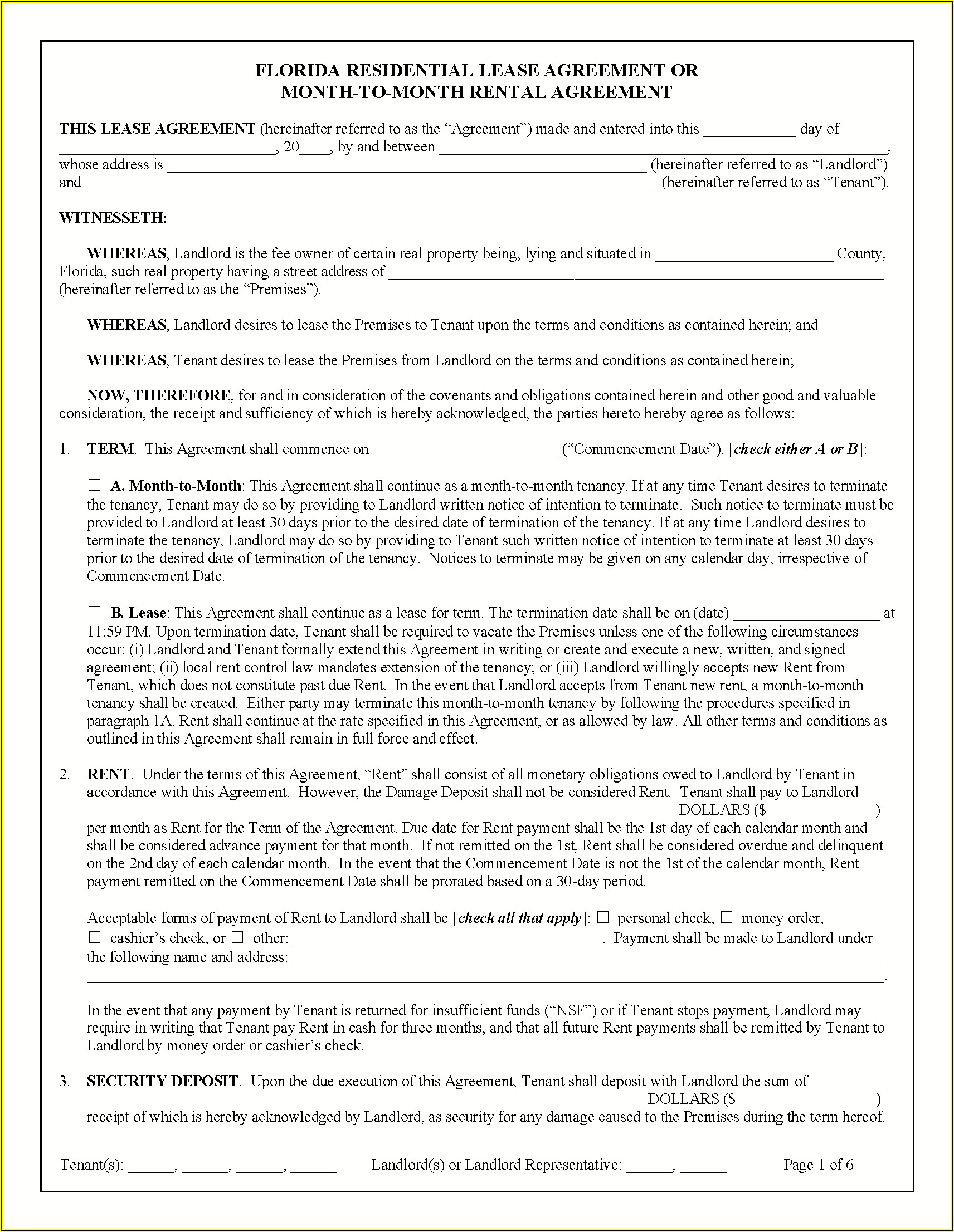 Free State Of Florida Lease Agreement Form