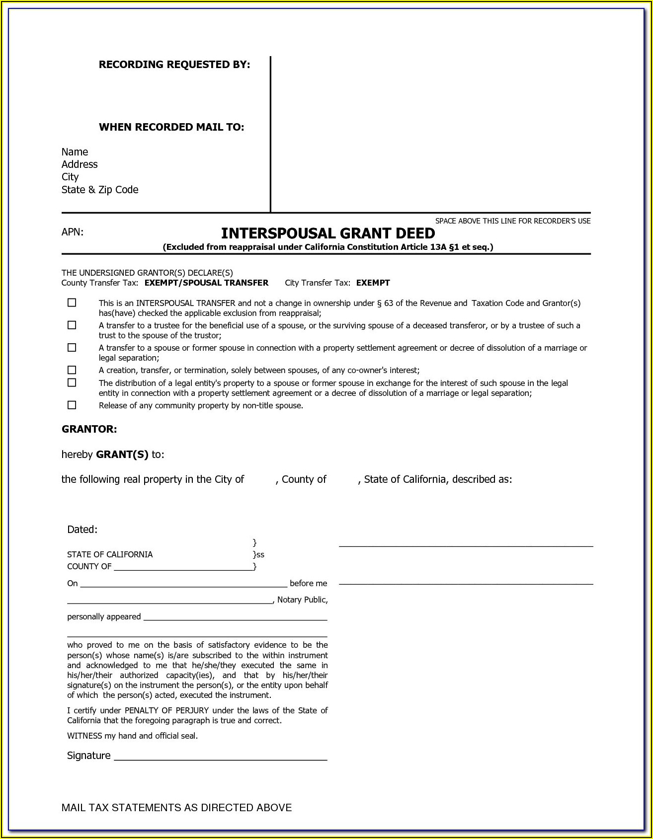 Interspousal Deed Transfer California Form