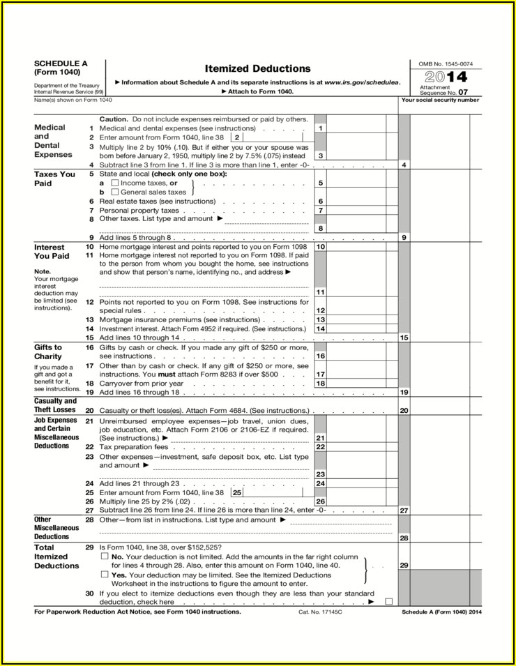 Irs 1040 Form 2014 Schedule A