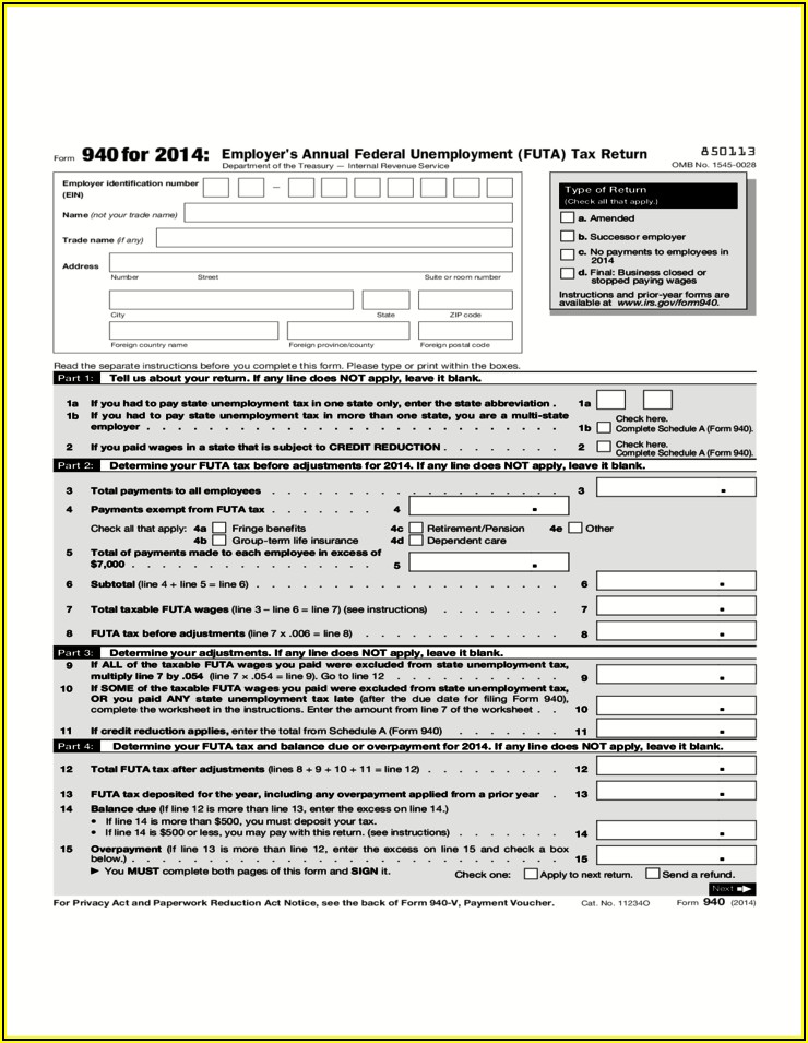 Irs 2014 Tax Form 940