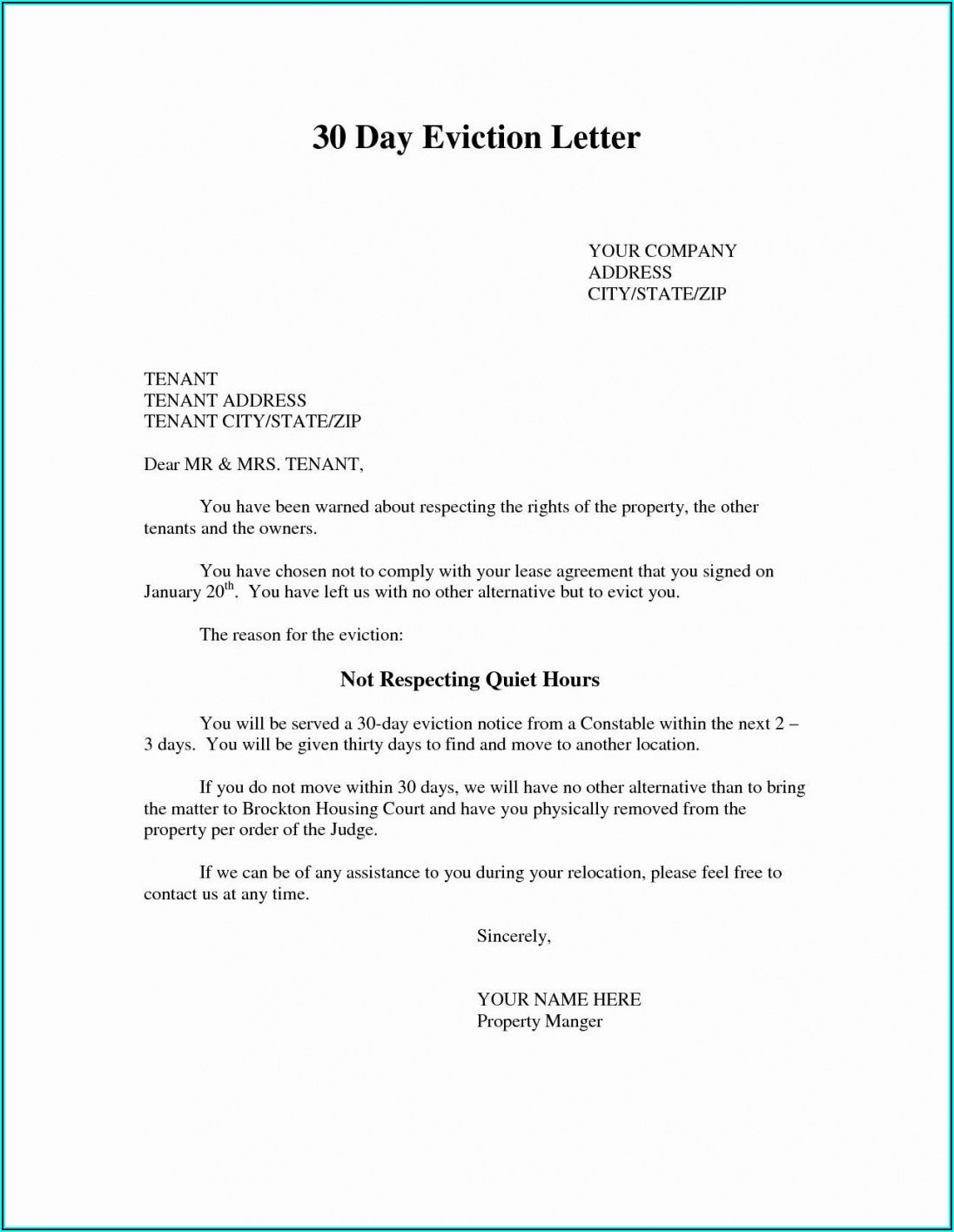 Tenant Eviction Letter Template