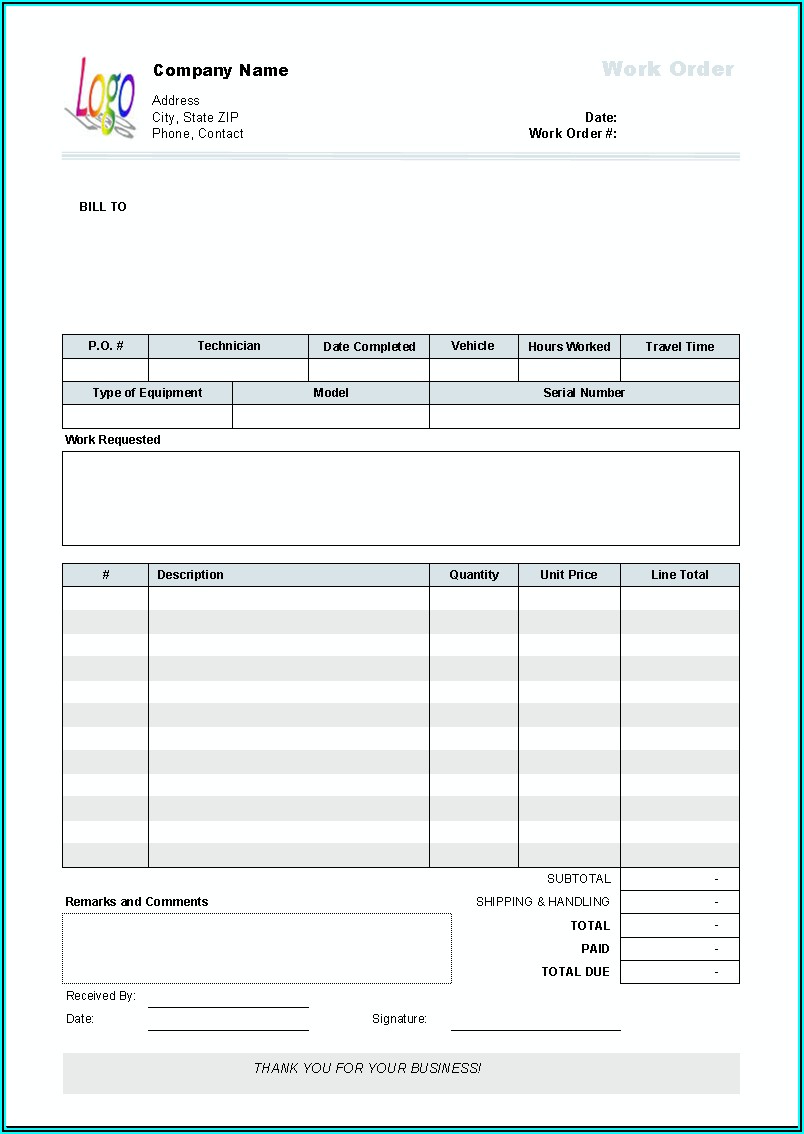 Work Order Invoice Template Excel
