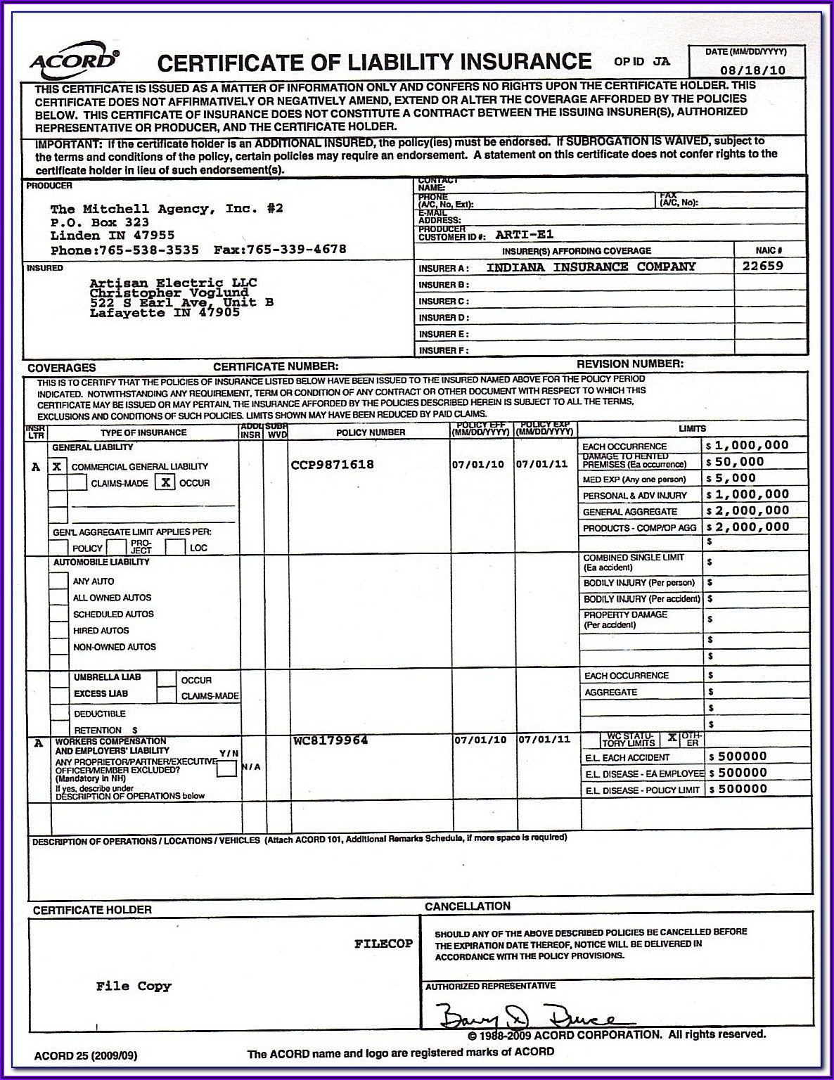 Certificate Of Liability Insurance Form Doc
