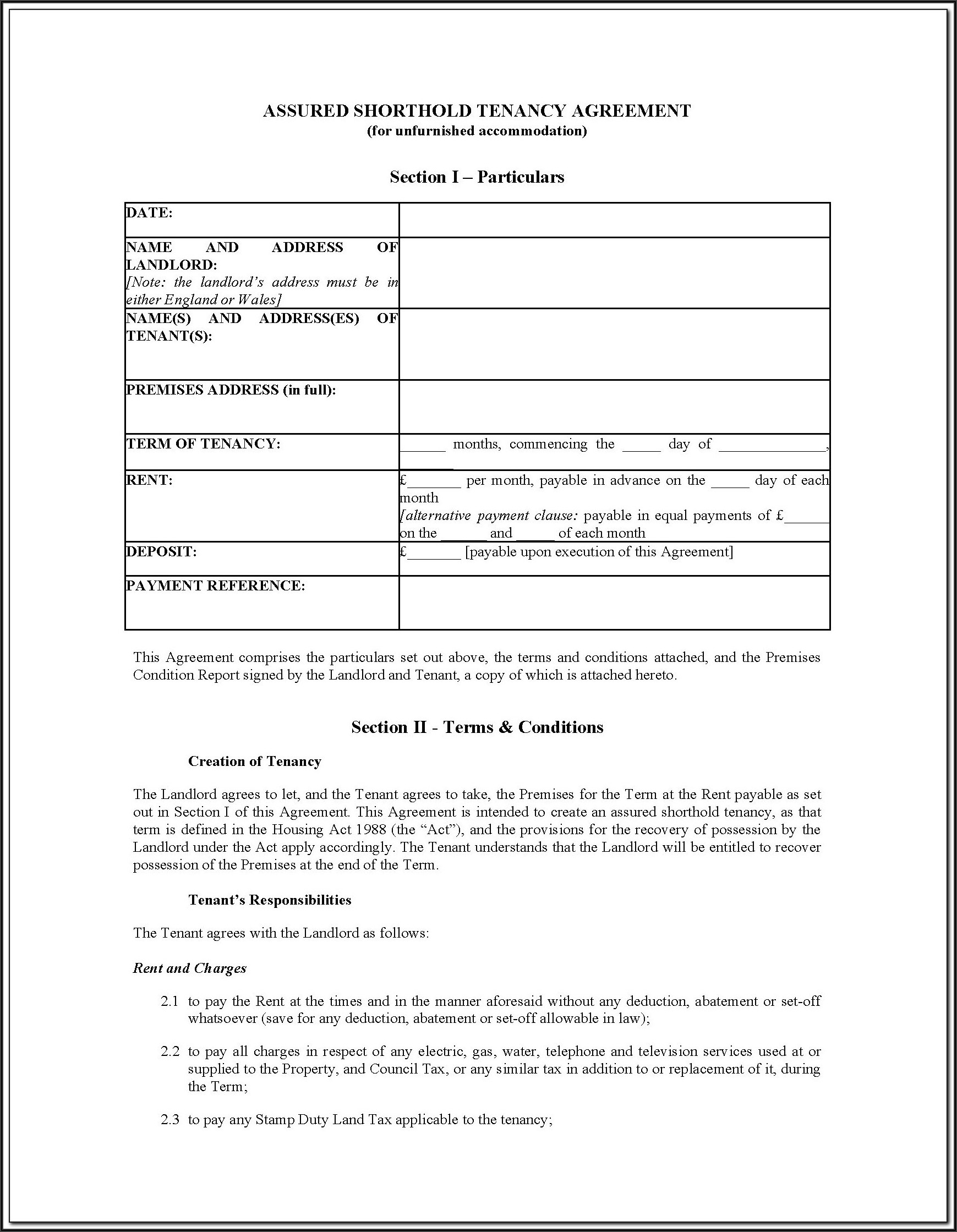 Landlord And Tenancy Agreement Forms