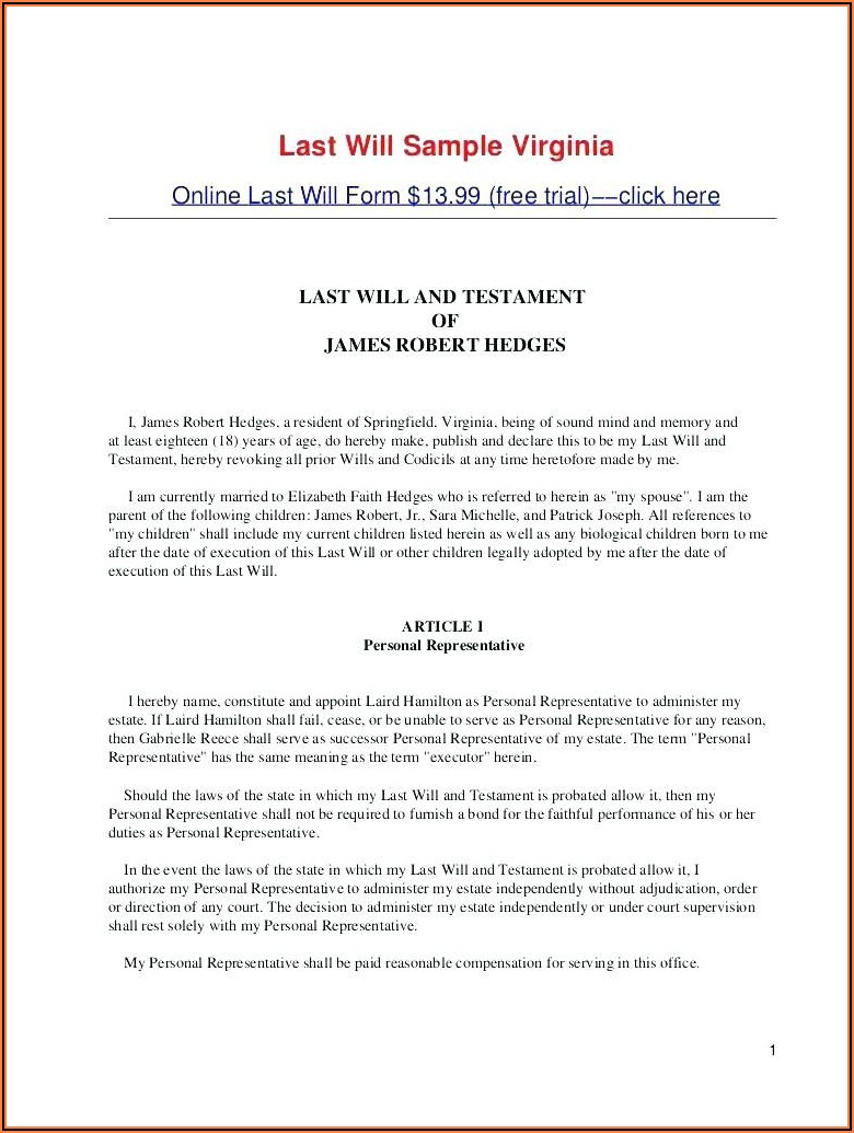 Last Will And Testament Form Word Document Virginia