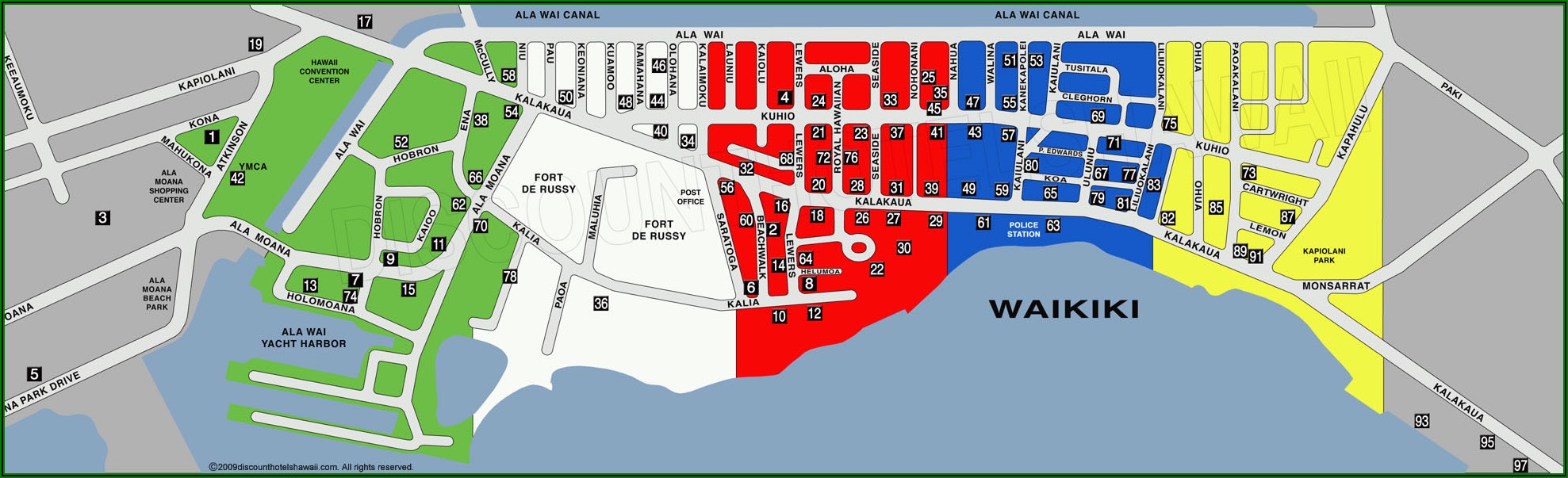 Map Of Hotels Along Waikiki Beach