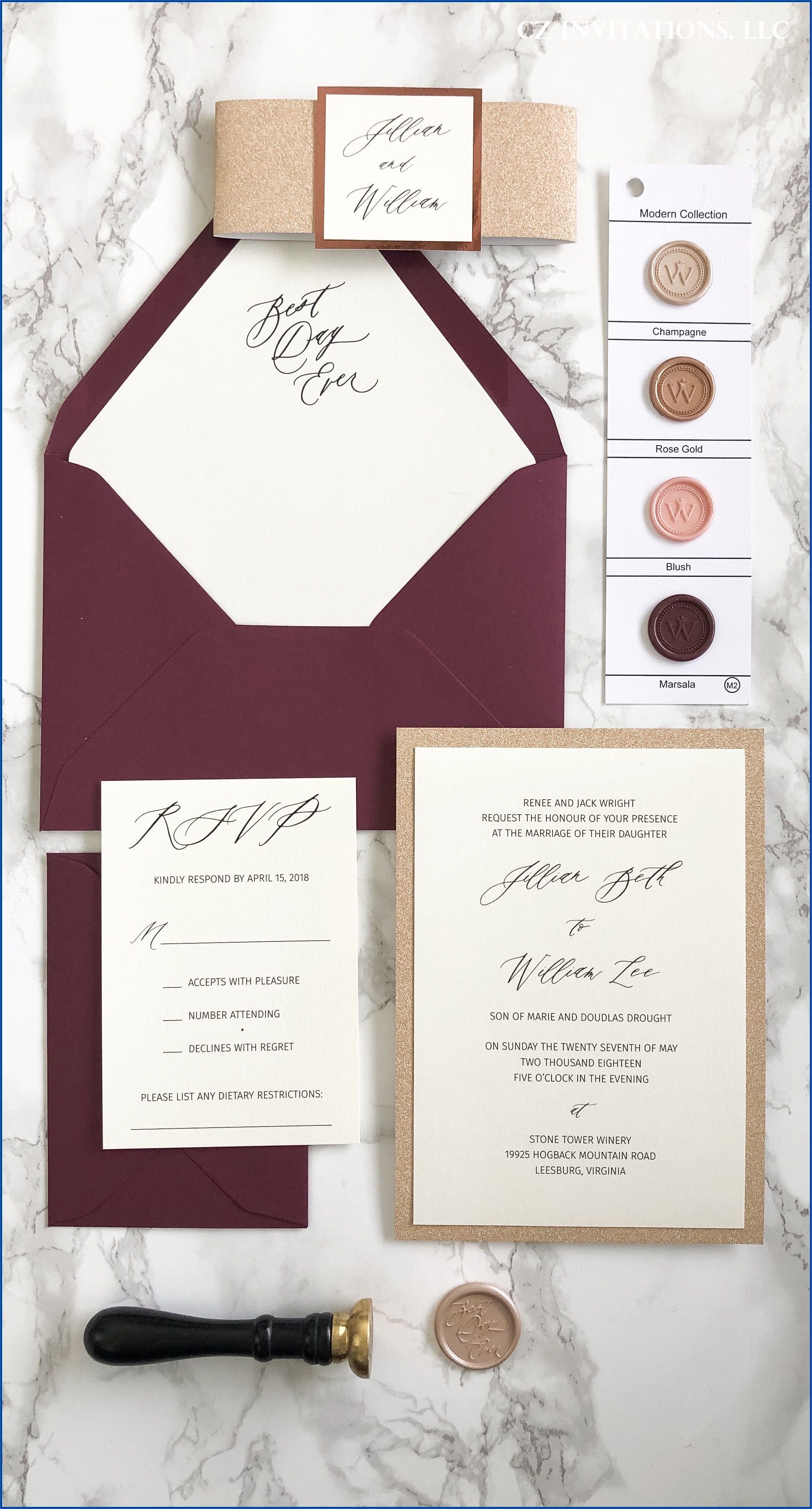 Maroon And Rose Gold Wedding Invitations