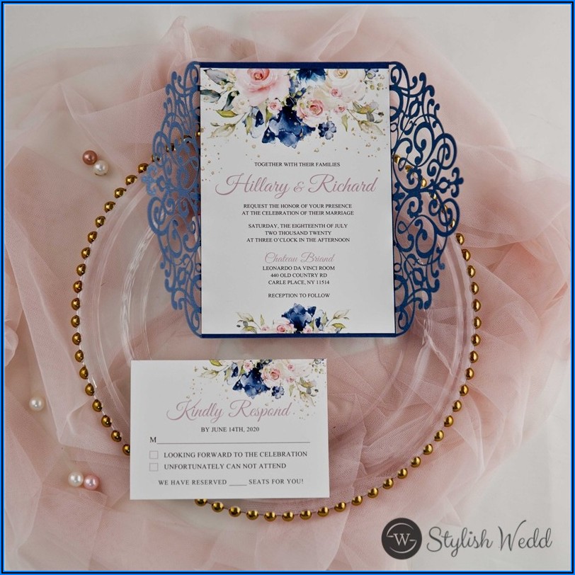 Navy And Pink Floral Wedding Invitations