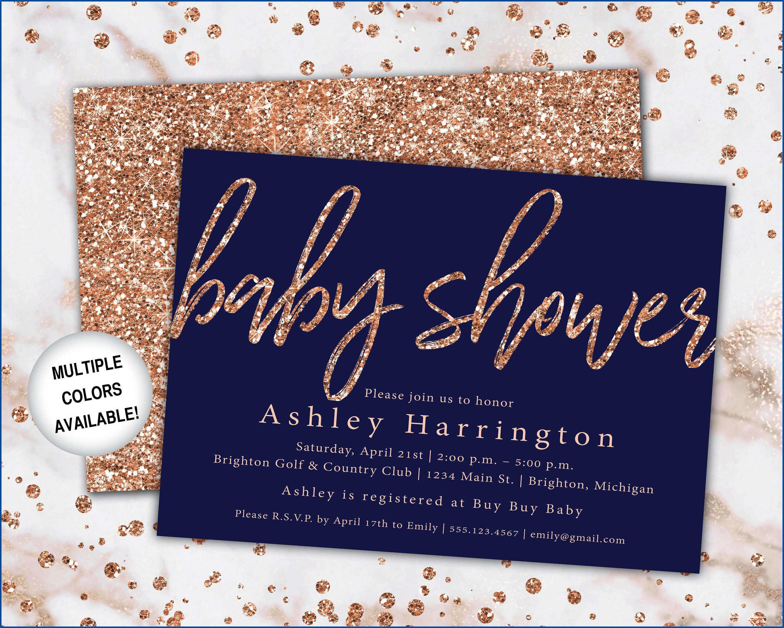 Navy And Rose Gold Bridal Shower Invitations