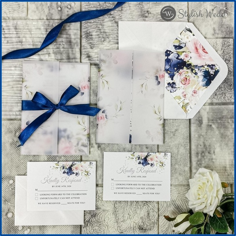 Navy Blue Floral Wedding Invitations