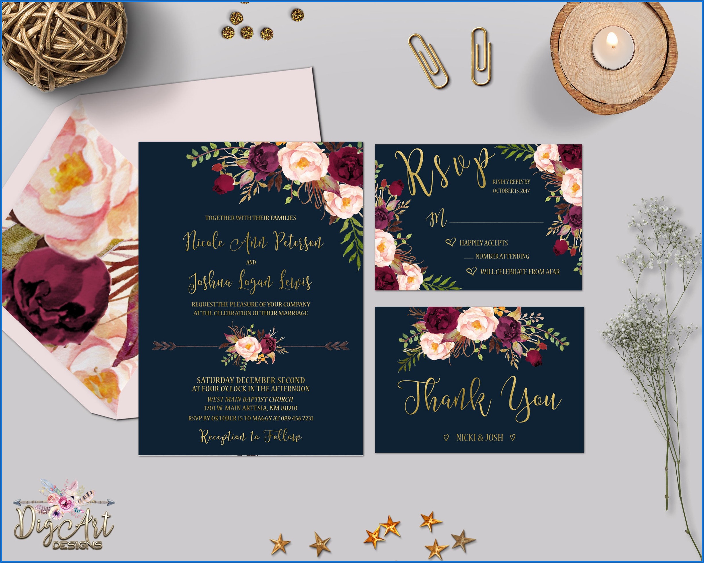 Navy Gold And Burgundy Wedding Invitations