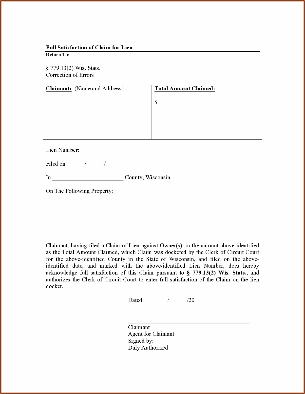 Notice Of Intent To File Lien Form Wisconsin