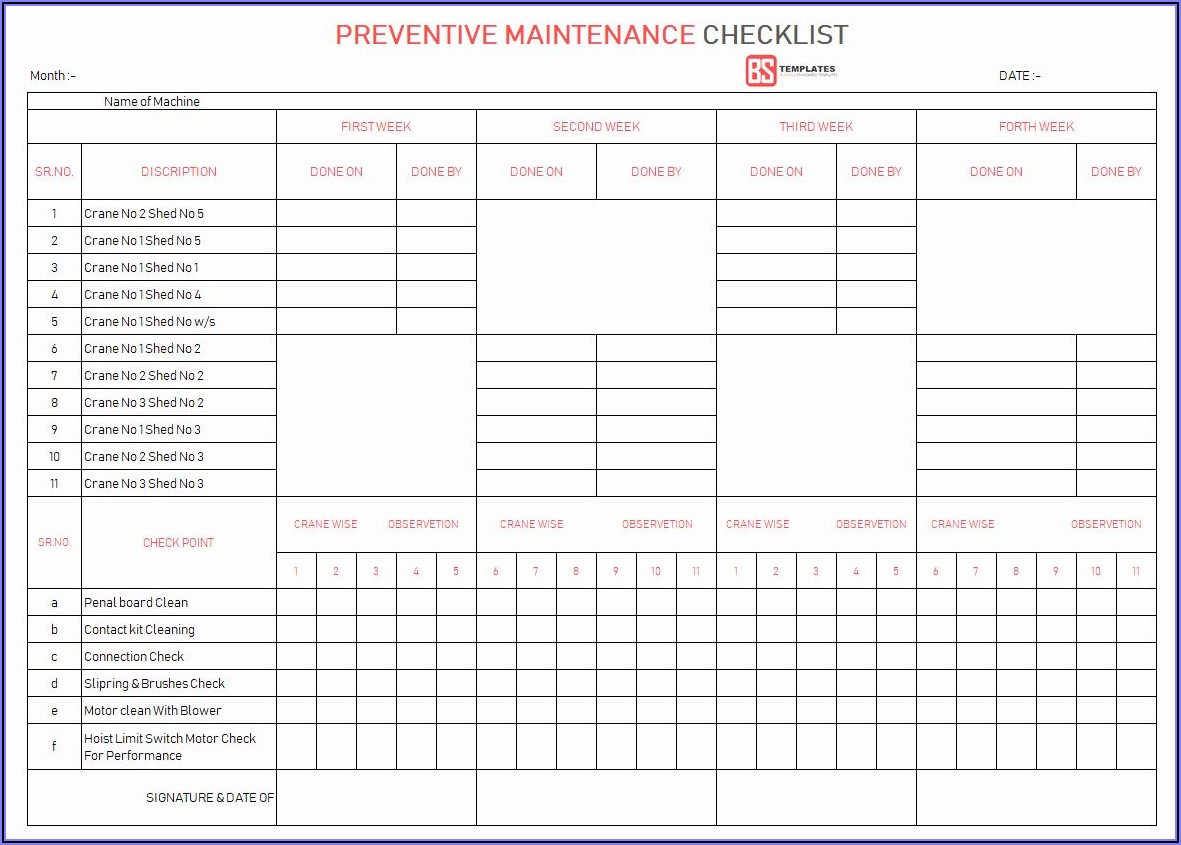 Preventive Maintenance Checklist Format Pdf