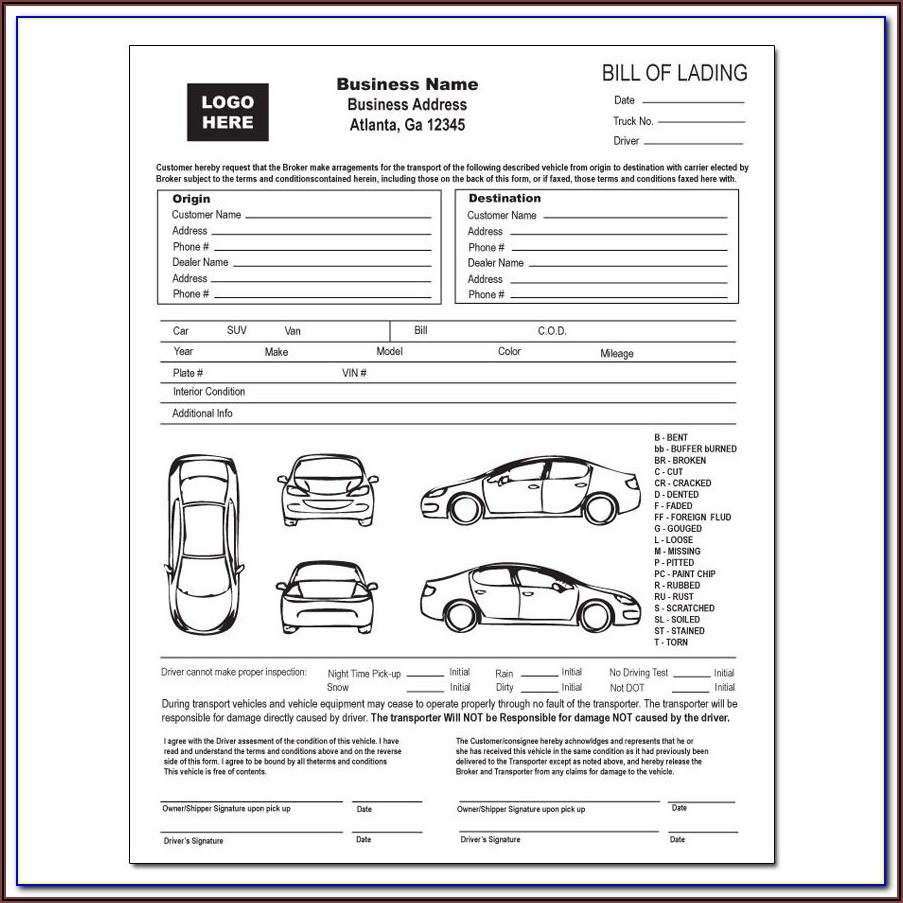 Printable Auto Transport Bill Of Lading Template Free