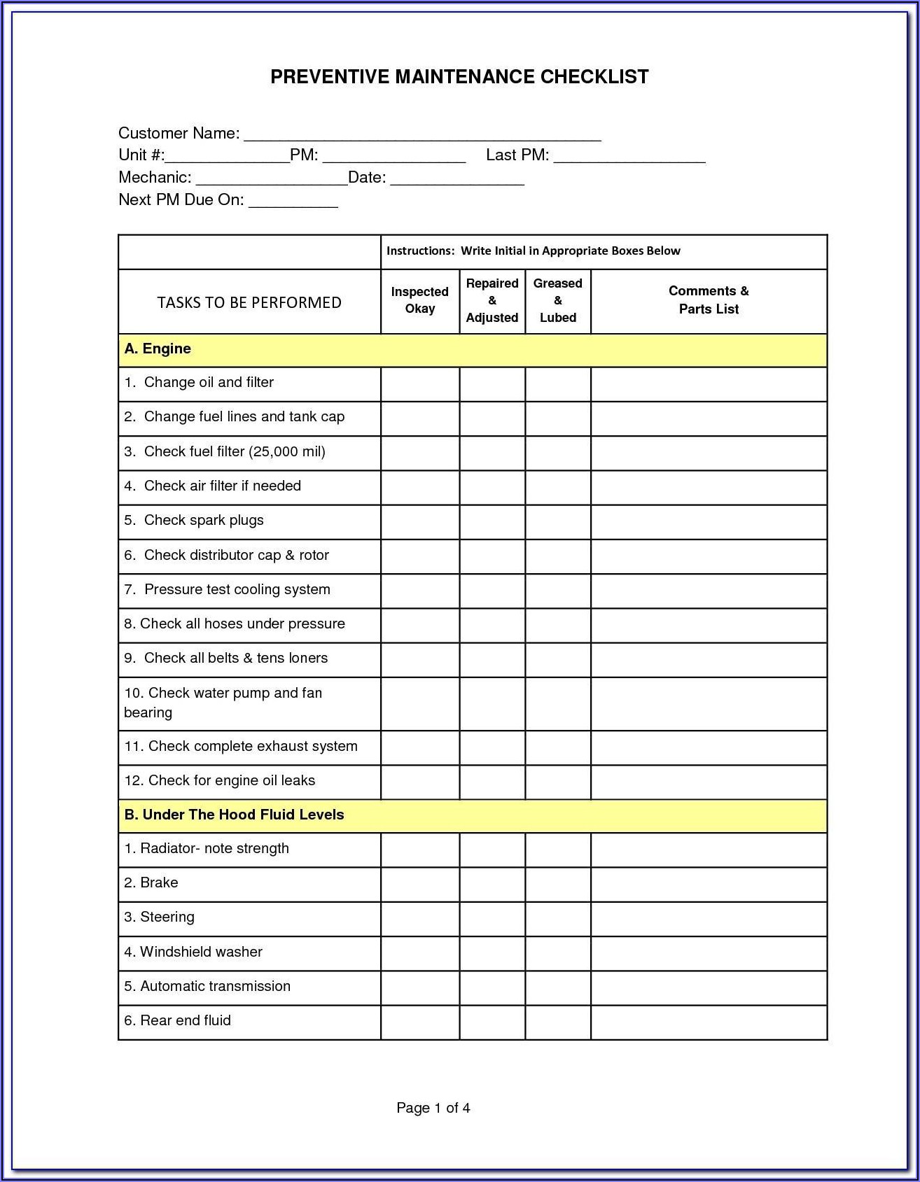Printer Preventive Maintenance Checklist Template