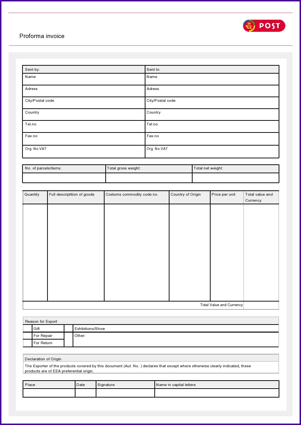 Proforma Invoice Format Word Document Download