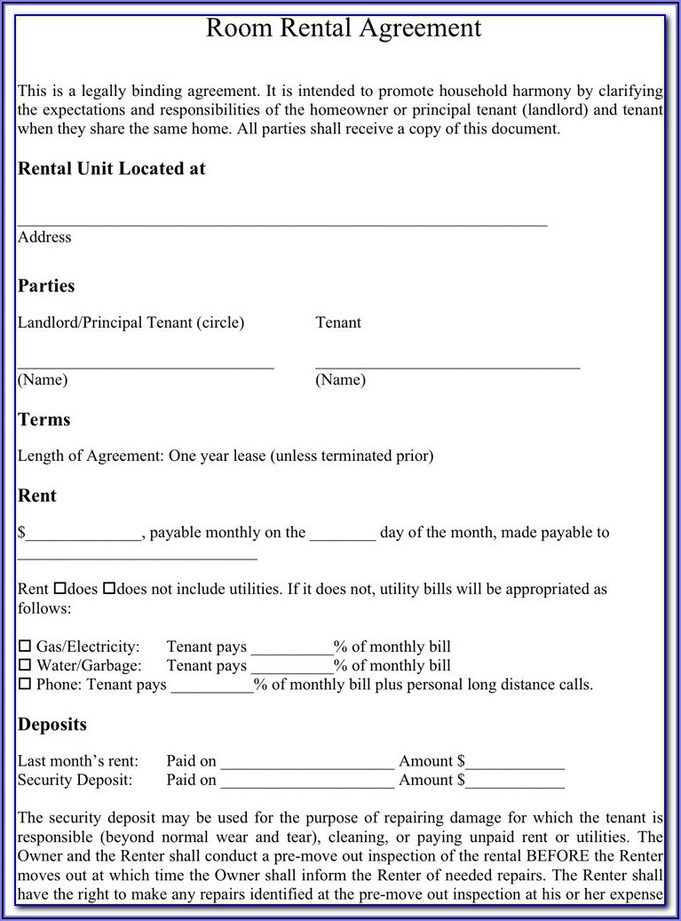 Room Rental Lease Agreement Template Free
