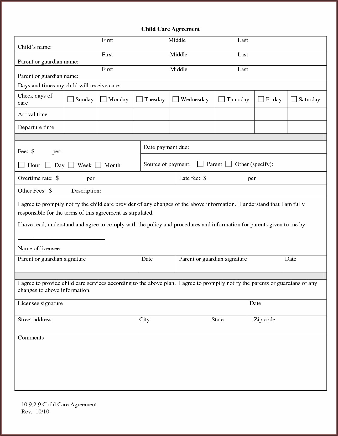 Sample Enrollment Form For Daycare