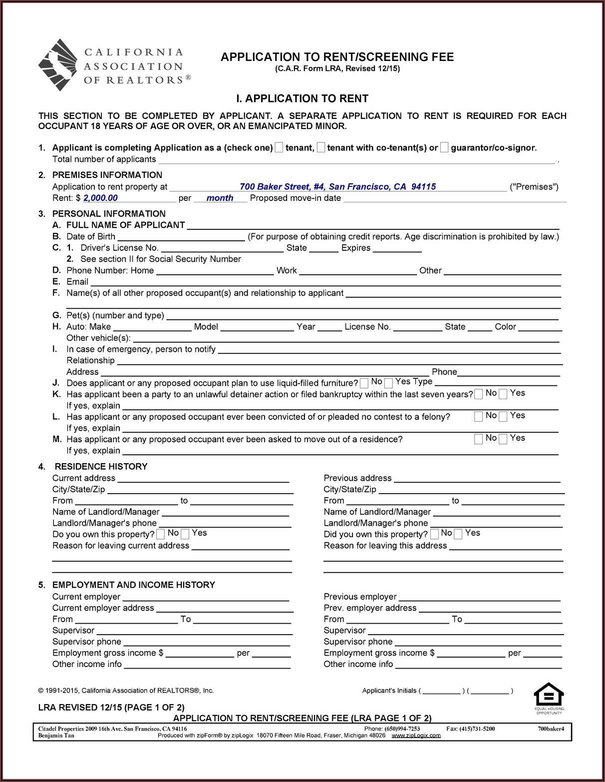 San Francisco Apartment Rental Application Form