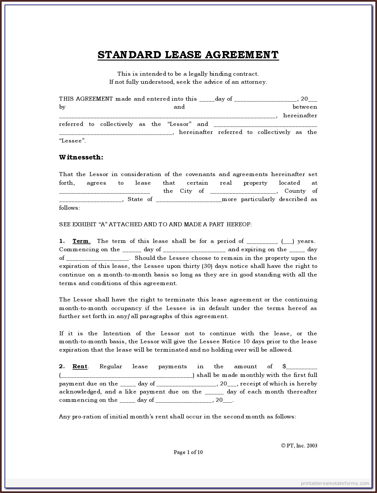 Simple Lease Agreement Form To Print