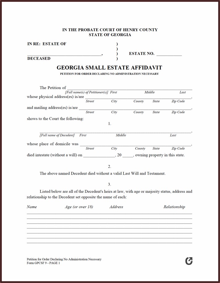 Small Affidavit Estate Form