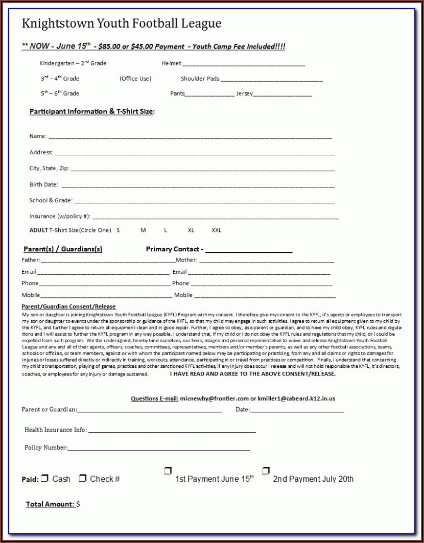 Softball Registration Form Template