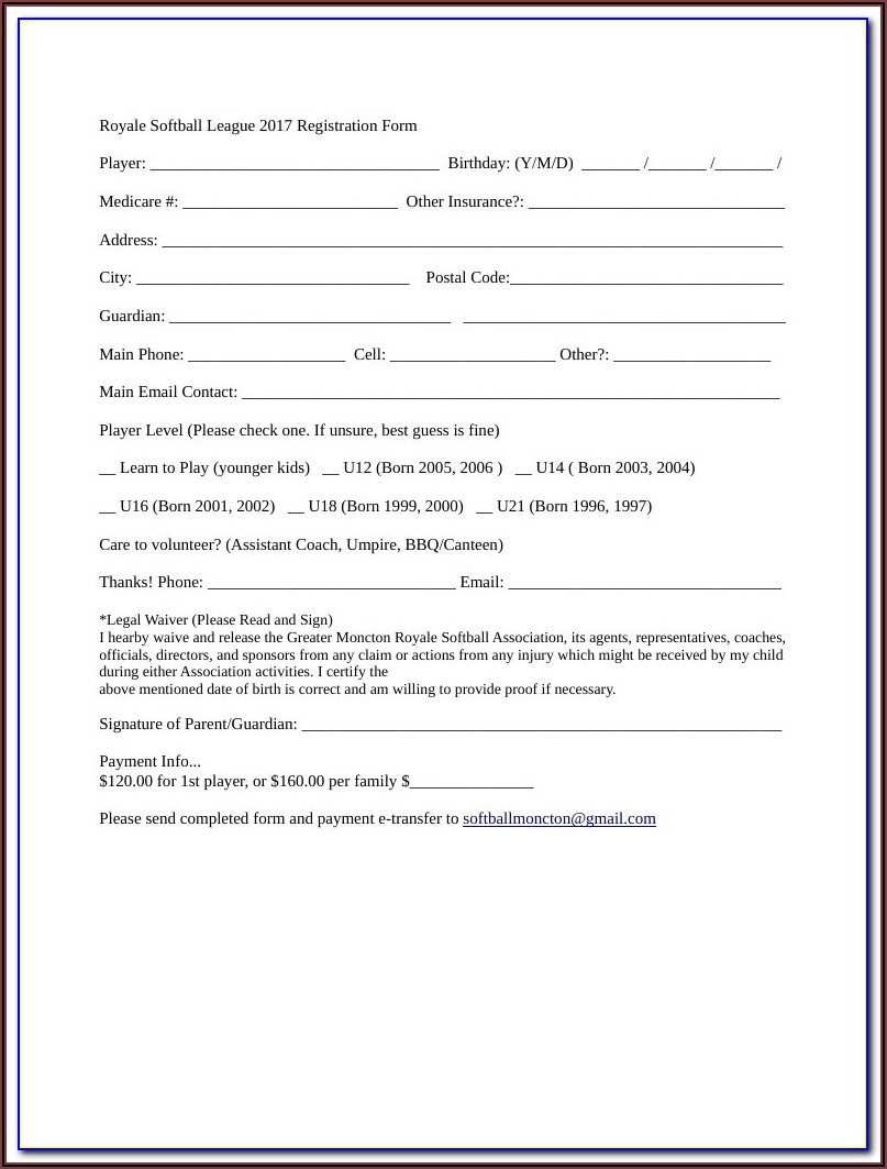 Softball Tryout Registration Form Template